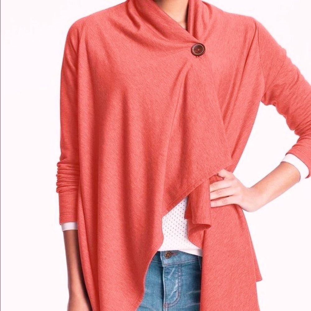 Bobeau Long Sleeve One-Button Asymmetrical Wrap Cardigan Coral Large NWT